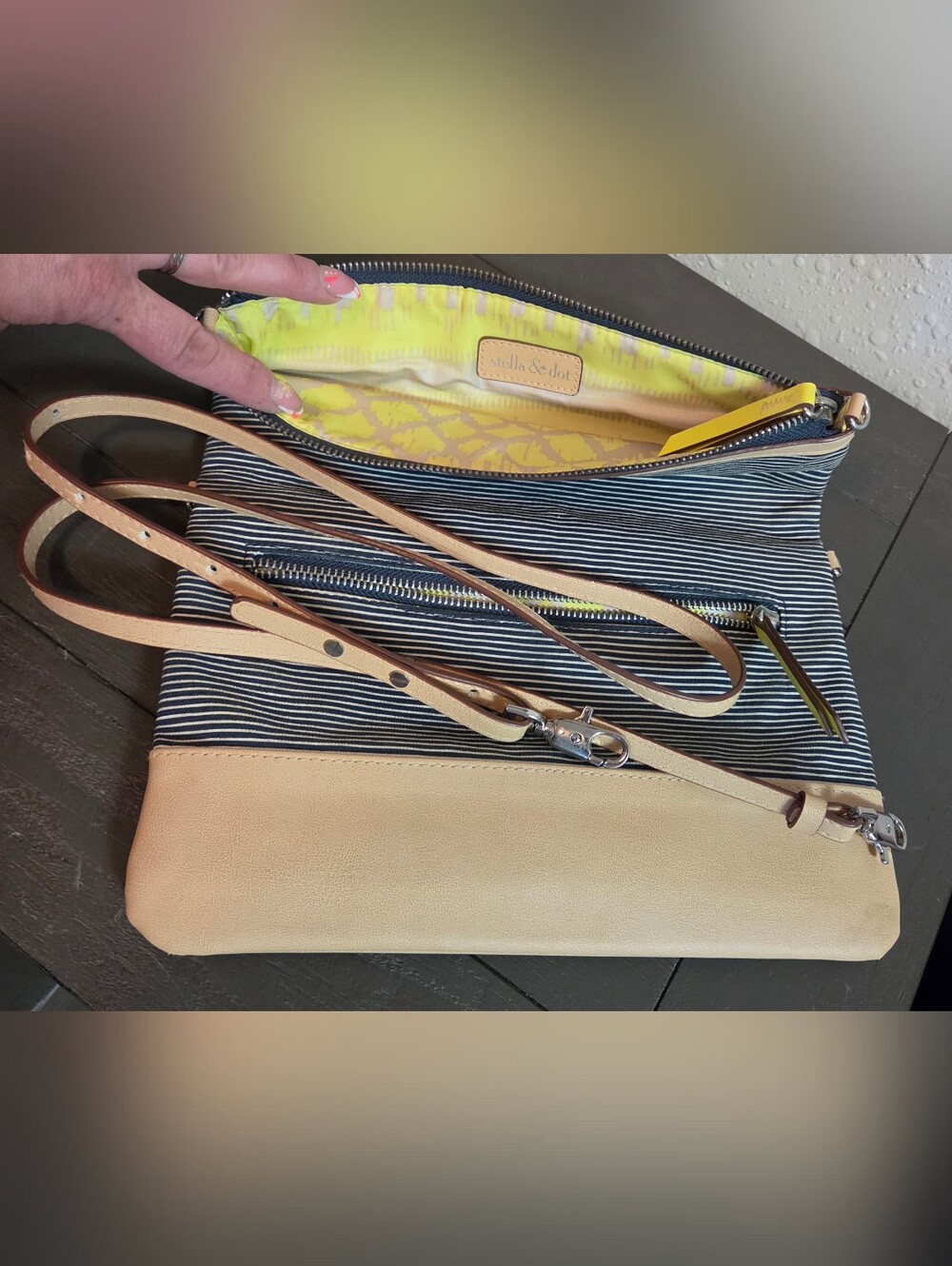 Stella & Dot Neutral Leather Crossbody with Yellow Lining